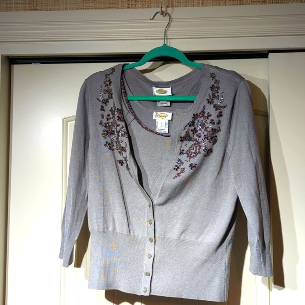 Talbots Gray Silk Blend Beaded Sweater Set Wide Rib Hem 3/4 Sleeves Women's Sz L